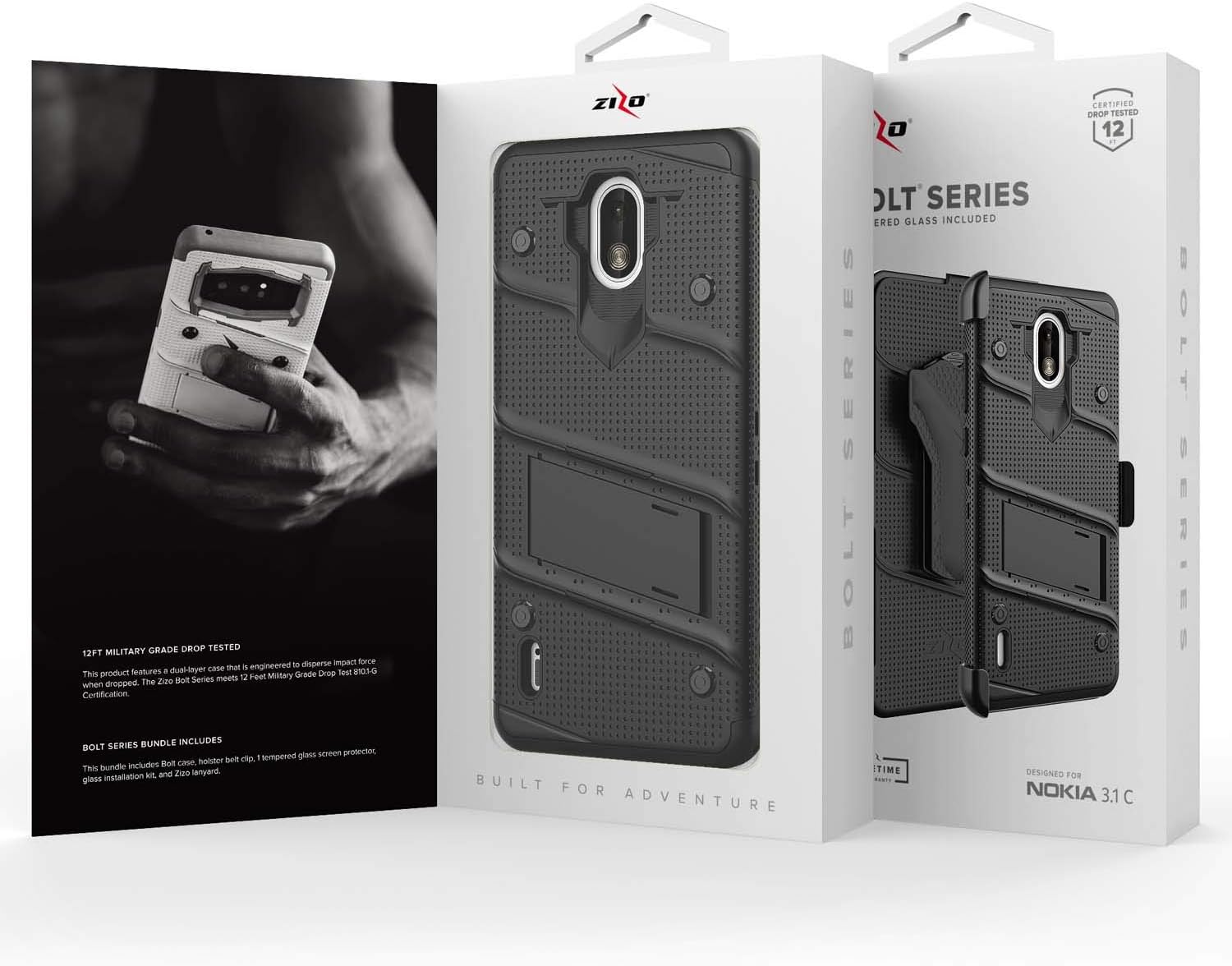 ZIZO Bolt Series Nokia 3.1 C Case Military Grade Drop Tested with Full Glass Screen Protector Holster and Kickstand Black Black
