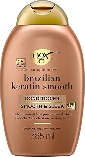 OGX - Après-Shampooing Kératine Lissage Brésilien (flacon de 385 ml) – Soin capillaire lissant à la kératine pour des cheveux brillants – Après-shampoing sans sulfate et sans parabène