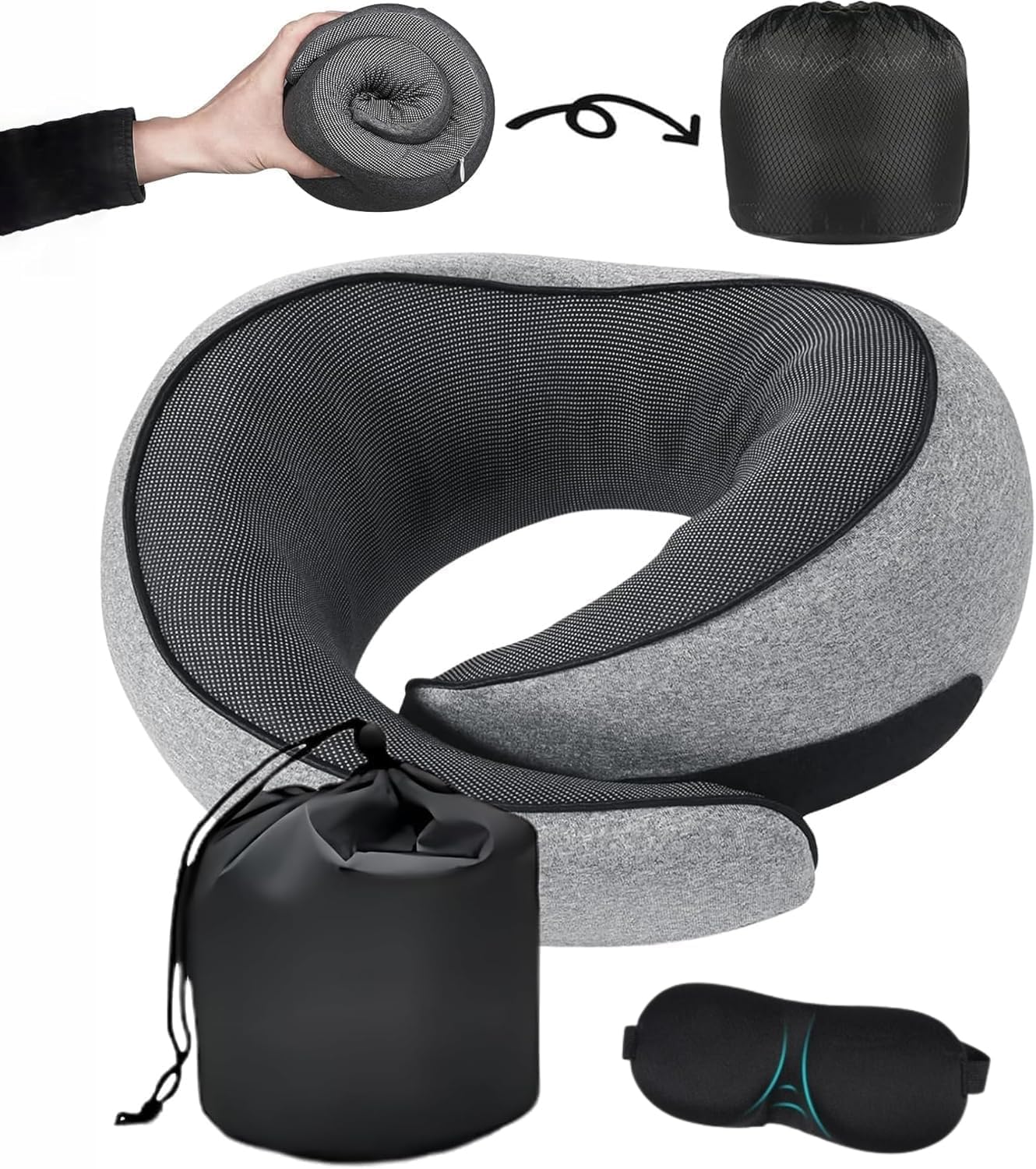 Umerci Travel Pillow for Flights & Car – Memory Foam Travel Neck Pillow for Travel, Neck Pillow for Travelling, Neck Rest Cushion for Sleeping, | Comfortable Head Support Pillow with Eye Mask (Grey)