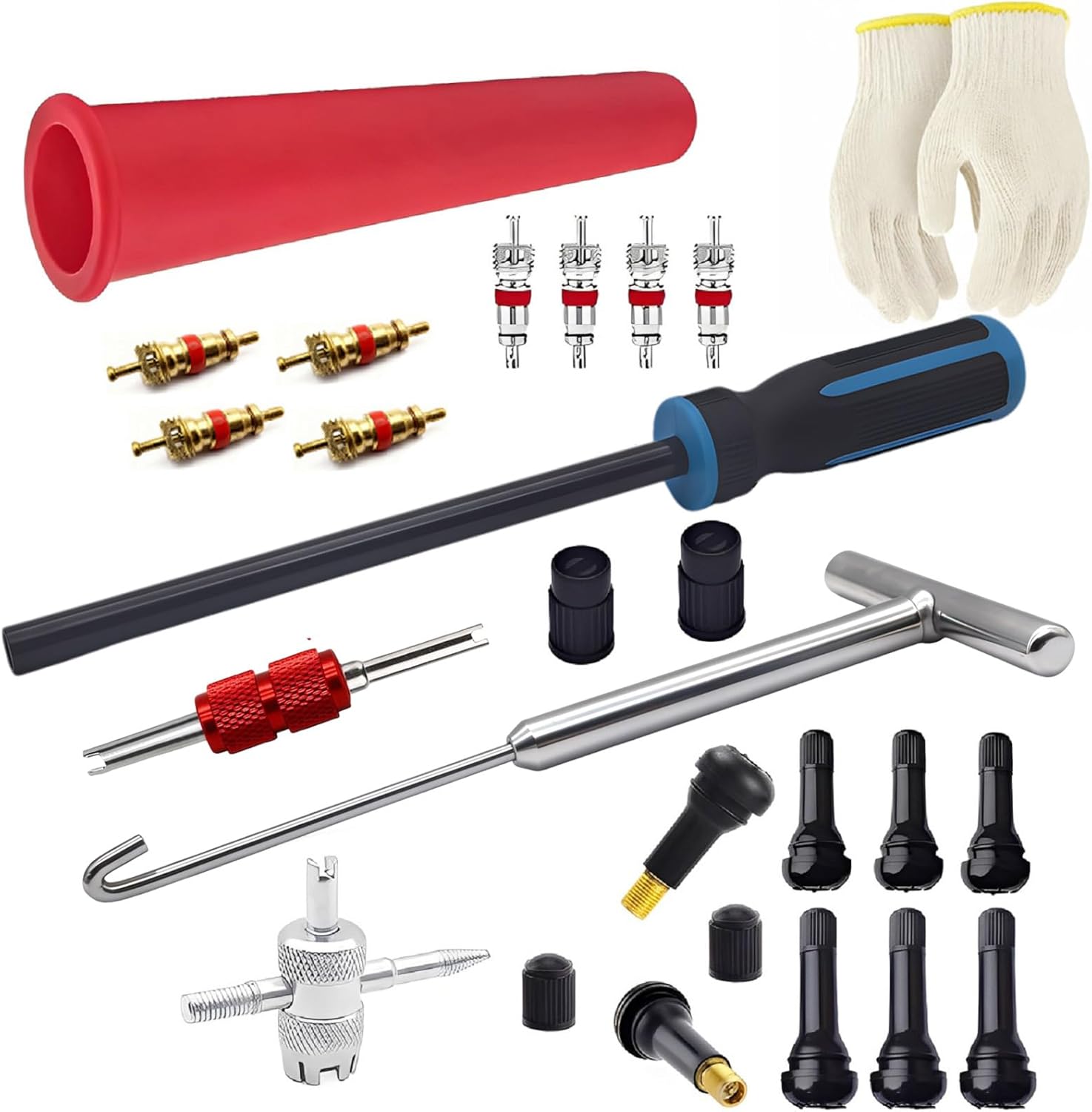 Valve Stem Removal Tool with Heavy Duty Hook & Longer Puller,Tire Valve Stem & Core Replacement Installation Tool Kit,without Tire Removal,Tire Pressure Checking, for Cars Motorcycles Lawn Mowers ATVs