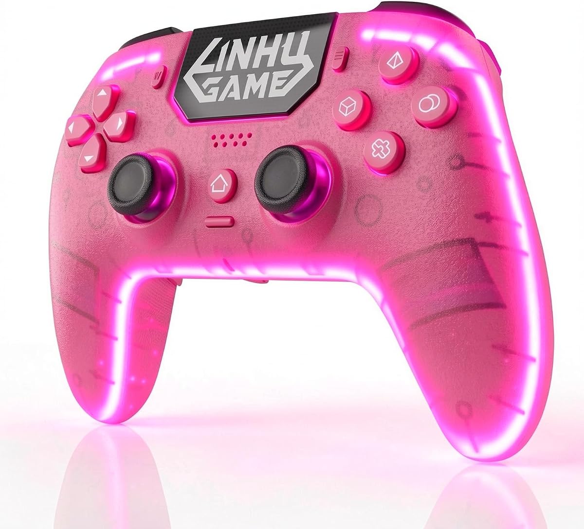 linhugame Controlador inalámbrico para P5/Pro/Slim/PC, con carcasa transparente/cinta de luz RGB/joyticks de efecto Hall y disparador/Macro/Turbo/conector de audio de 3,5 mm/altavoz y micrófono/batería grande de 1500 mAh Gamepad (rosa)