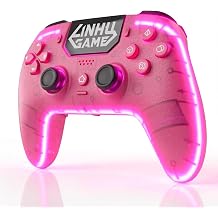 linhugame Wireless Controller for P5/Pro/Slim/PC, with Transparent Shell/RGB Tape Light/Hall Effect Joyticks and Trigger/Macro/Turbo/3.5mm Audio Jack/Speaker and Mic/1500 mAh Large Battery Gamepad Pink
