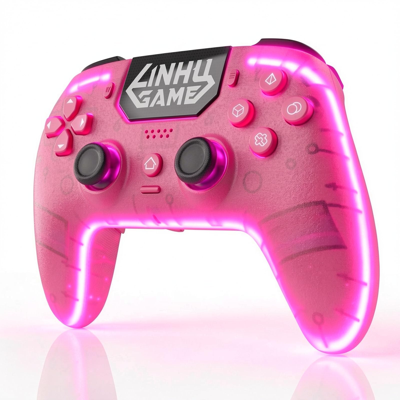 linhugame Controller wireless per P5/Pro/Slim/PC, con guscio trasparente/luce nastro RGB/Joyticks effetto Hall e trigger/Macro/Turbo/jack audio da 3,5 mm/altoparlante e microfono/gamepad batteria
