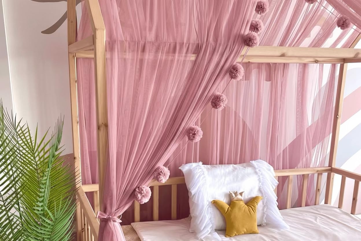 Baby Fancyroom Hausbett Himmel Betthimmel Altrosa für Kinderbett Kinderzimmer Baldachin Bettvorhang Betthimmel für Mädchen Prinzessin Zimmer (380cm, mit Pompomgirlande)