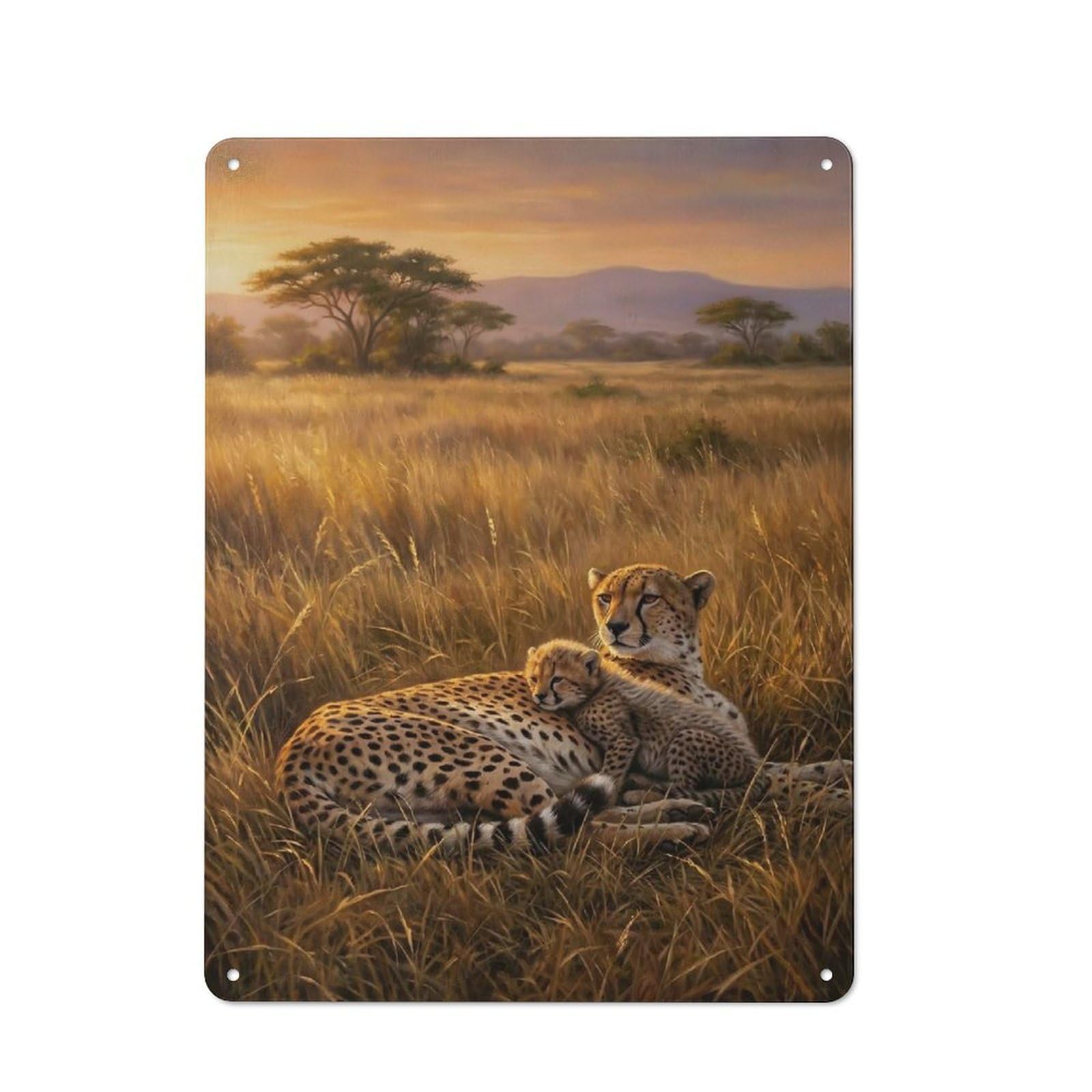 Junmoney Style-11 Rustic Metal Sign 40X30cm Featuring Cheetah And Cub In Savannah For Hallway Wall, A Decorative Gift For A Newly Furnished Hallway