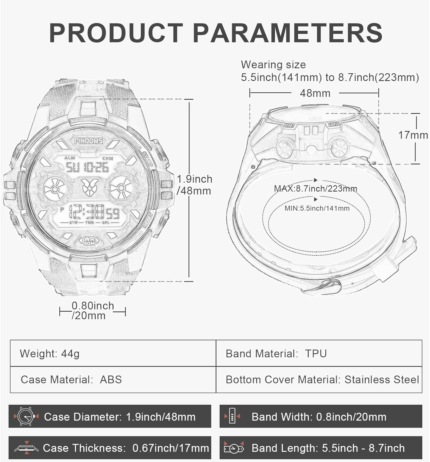 Diagram showing PINDOWS watch dimensions and material specifications