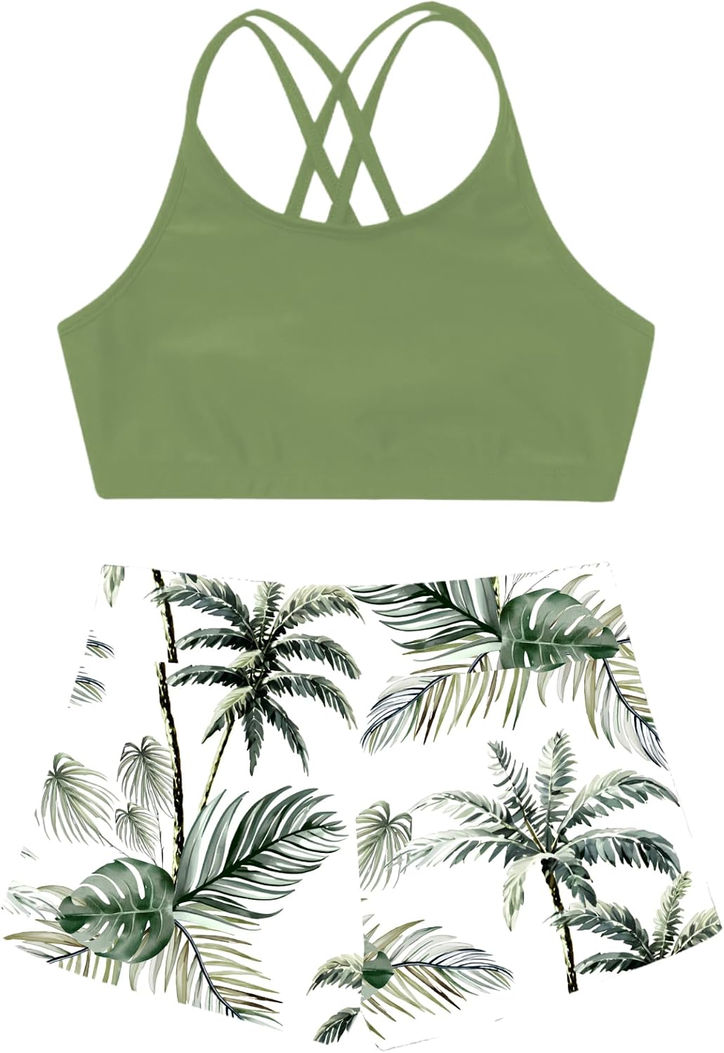 Girls Kids Gymnastics/Ballet/Dance/Sports/Swim 2 Pieces Racer Back Crop Top with Booty Shorts Outfit