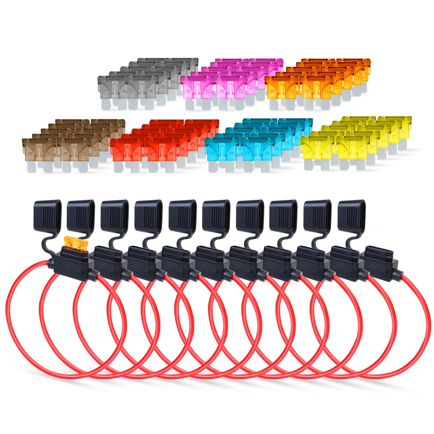 Pack of 10 Inline Fuse Holder 16AWG 1FT – Heavy Duty Automotive Blade Fuse Holder 2A/3A/5A/7.5A/10A/15A/20A Ideal for Car, Marine, Solar, and RV Applications (70 Fuses in Set)