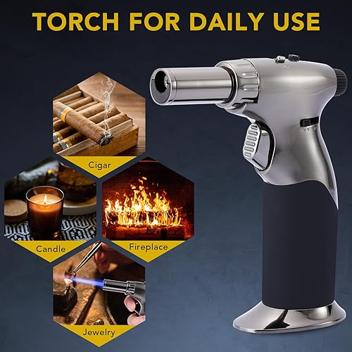 Miniatura 3 de Tuffen Antorcha de cocina gris, pistola de butano de doble llama para velas y crema Brulee y más, encendedor de antorcha de cocina recargable, gas