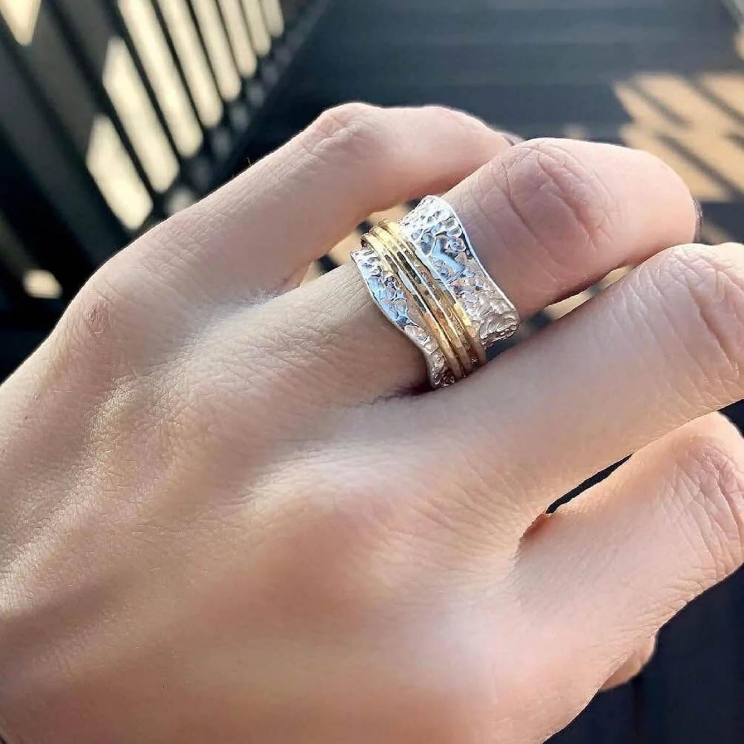 Vintage Hammered Texture Wide Band Ring, 15mm Wide Brass Double Plated (Silver & Gold) with Wavy Edge and Triple Gold Wire Inlay