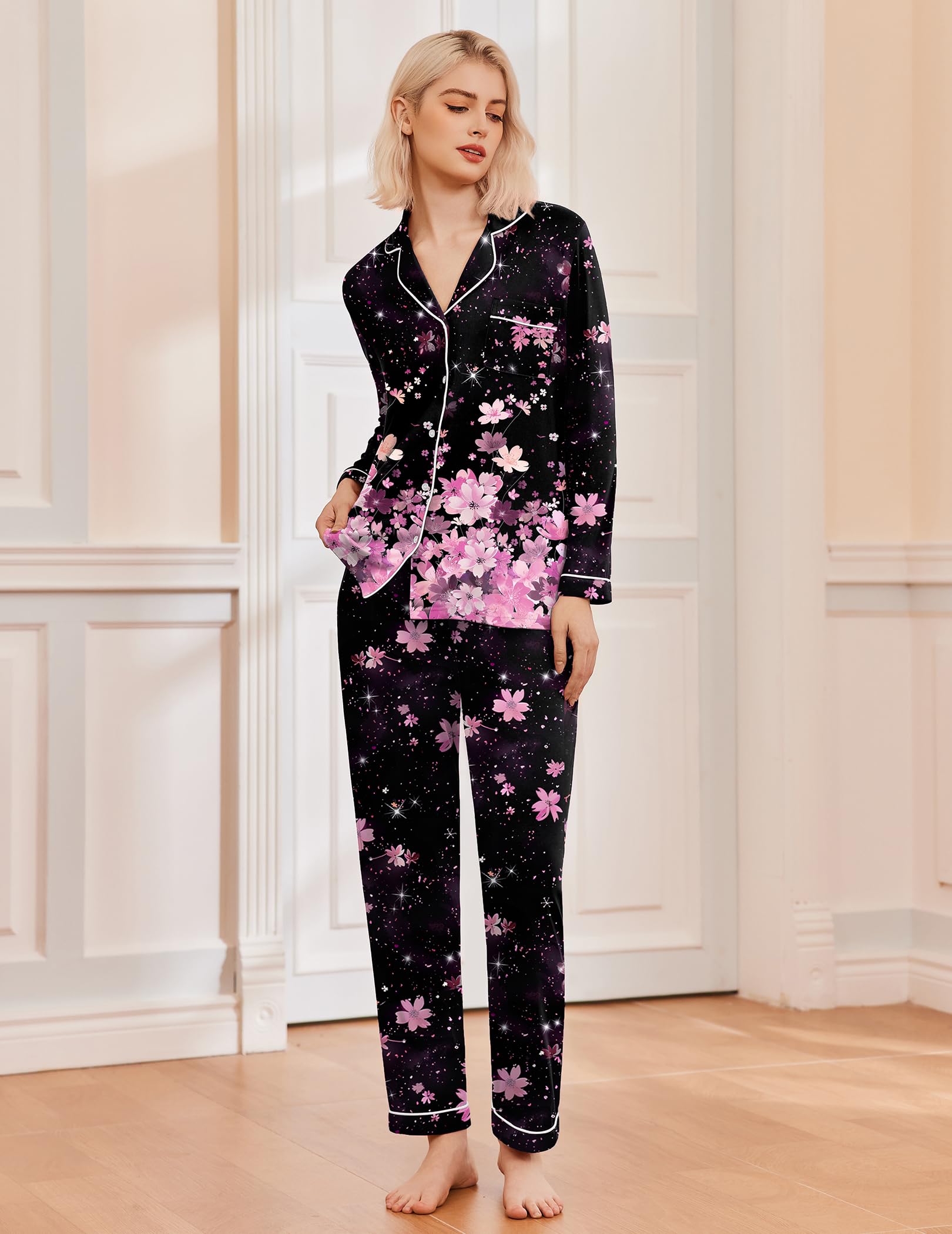 Ekouaer Pajamas Women's Long Sleeve Sleepwear Soft Button Down Loungewear Pjs Lounge Set Nightwear XS-XXL: XX-Large Floral Black Pink