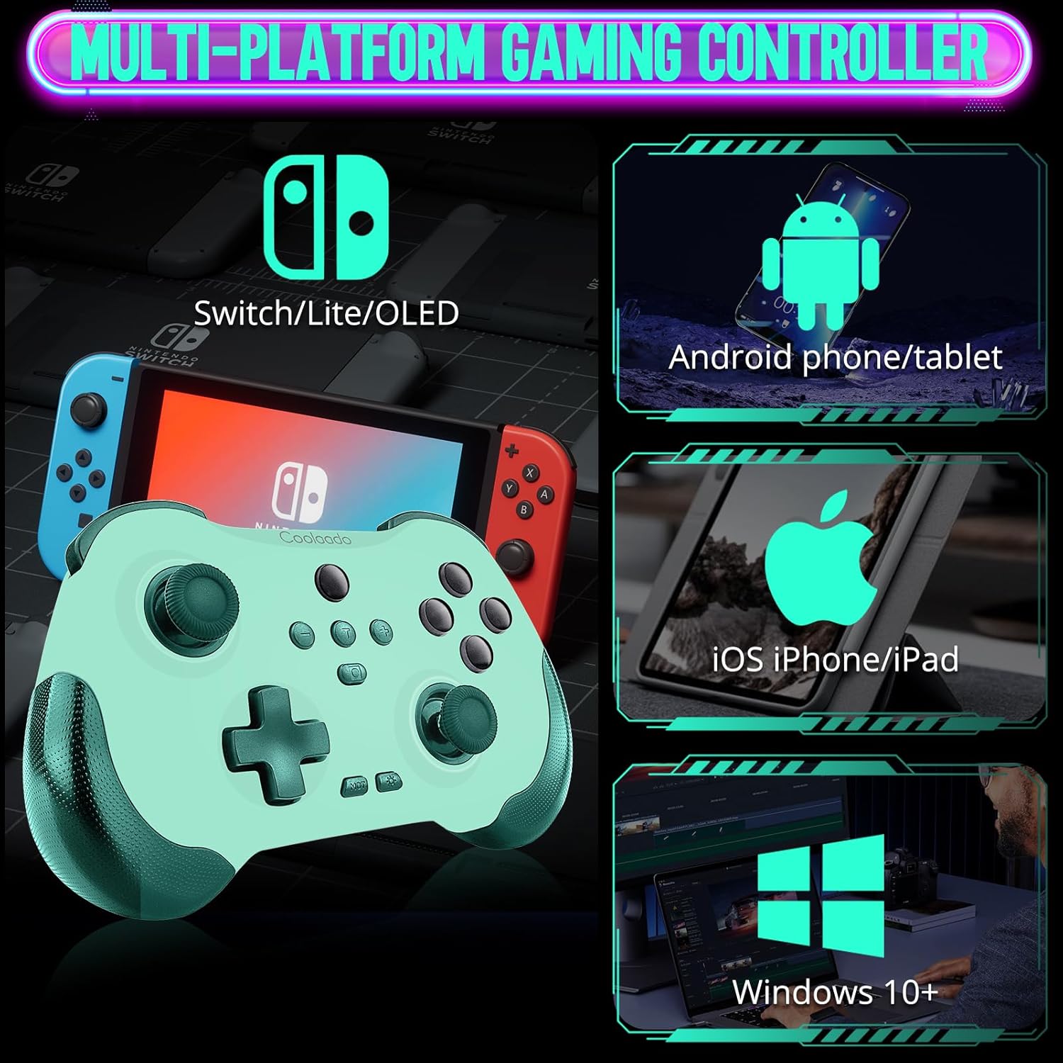 Coolaado Wireless Controller for Xbox/Swtich/PS3/4, Bluetooth Handheld Gaming Joysticks Gamepad Compatible With iPhone/Andriod Phones/PC (Green) - Image 2