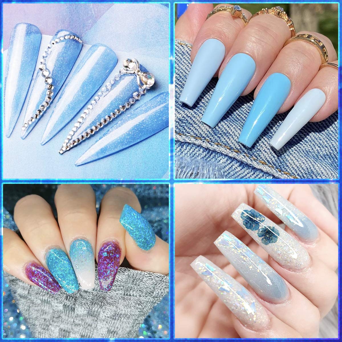 Saviland Poly Nails Gel Kit - Glitter and Cat Eye Blue Nail Extension Gel 7 Colors Builder Nail Gel Thickening Solution Gel for Starter and Professional (Blue Series)