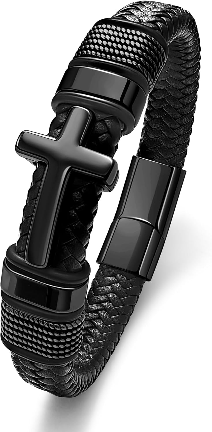 Black Cross Cuff Bracelet for Men,Stainless Steel Braided Leather Bible Verse Bracelet with Joshua 1:9 Inspirational Faith Gift for Dad,Brother,Son,family,Religious Baptism and Confirmation Gifts