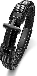 Black Cross Cuff Bracelet for Men,Stainless Steel Braided Leather Bible Verse Bracelet with Joshua 1