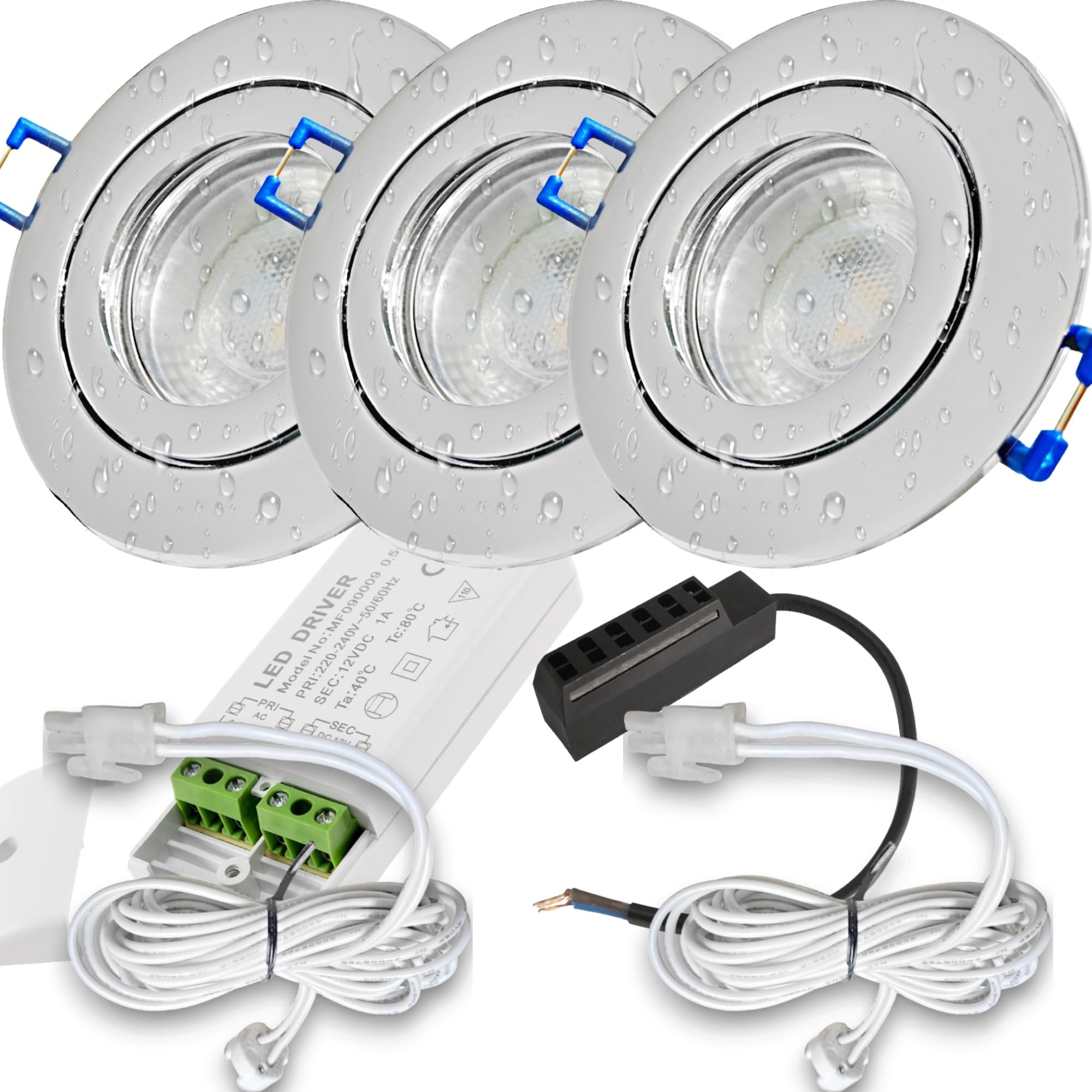 LED Einbauspots 12 V IP44 – 3er-Set in Chrom mit Trafo & AMP-Verteiler, je Spot mit 120 cm Zuleitung – 3 W Leistung, 250 lm Lichtstrom, 4000 K Neutralweiß – geeignet für Bad, Küche und Feuchträume