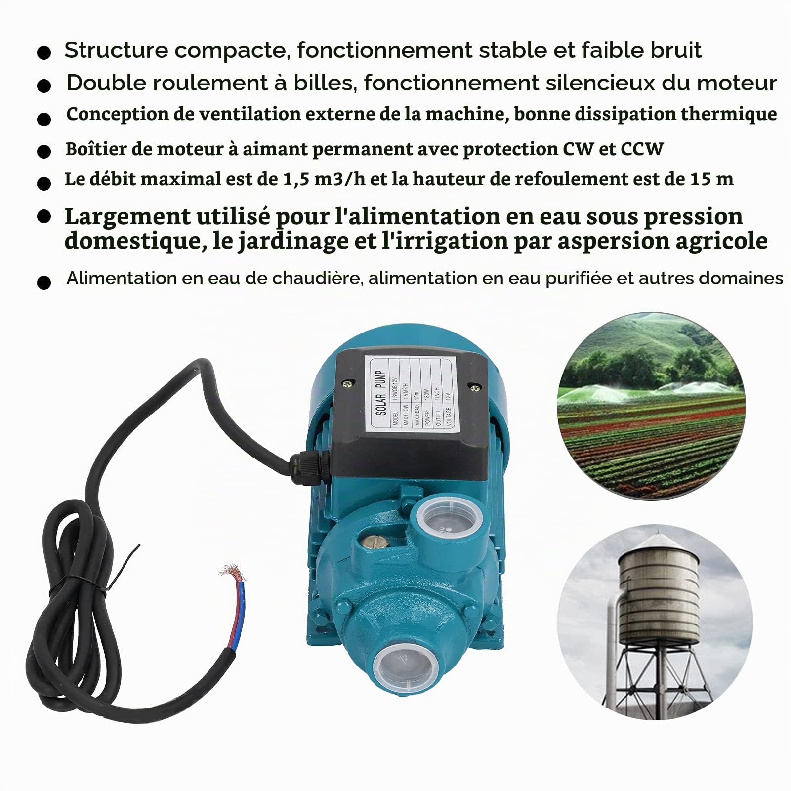 Pompe à Eau, 15m, 180W, DC12V, Turbine Moteur Unipolaire Horizontal, Outil pour Irrigation & Pressurisé