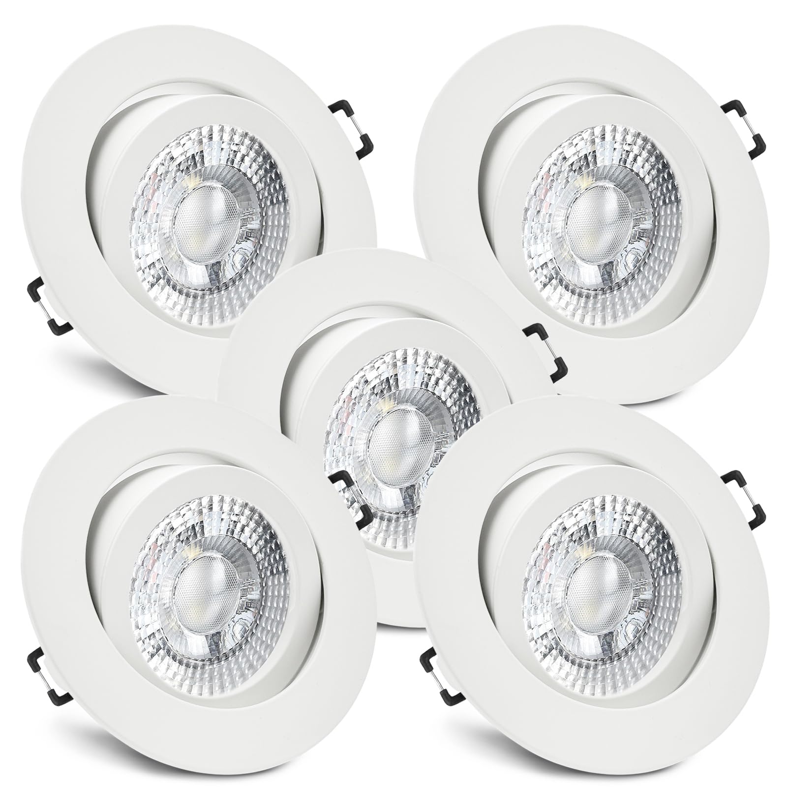 trendlights24 Premio LED Decken Einbaustrahler flach Weiß 230V 5W 5er Set | ultra flach, Einbautiefe 35 mm, LED Spot, Warmweiß, 3000k, 50° Abstrahlwinkel, Decken Einbauleuchte, rund, schwenkbar