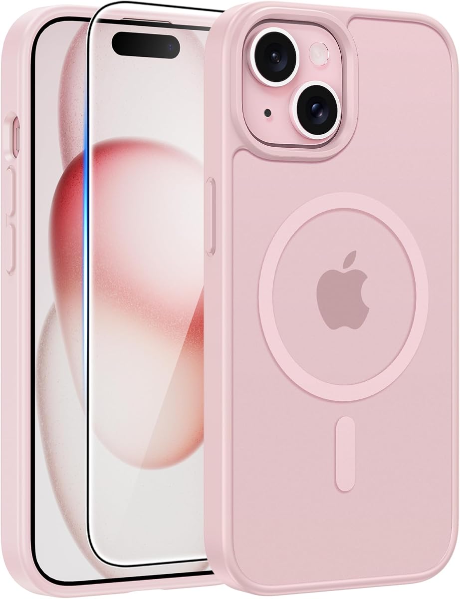 Funda FNTCASE para iPhone 15/14/13, apta para Magsafe, protector de pantalla de vidrio | Mate translúcido, fundas magnéticas para teléfonos, protección contra caídas de grado militar de 14 PIES, cubierta protectora a prueba de golpes delgada, rosa claro