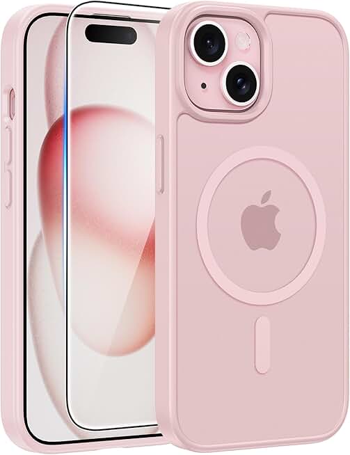 FNTCASE for iPhone 15 Case: for iPhone 14 Case &amp; iPhone 13 Case [Compatible with Magsafe] Translucent Matte Cases with [Screen Protector] Military Grade Shockproof Protective Phone Cover - Light Pink Recycled Claim Standard Blended