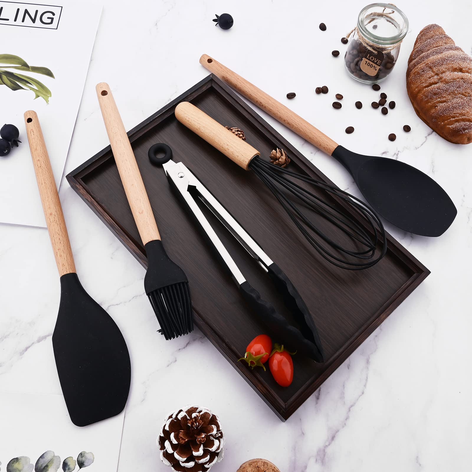 BRIIEC Silicone Black Kitchen Utensil Set with Holder, 12 Pcs Spatula Set for Cooking, Heat Resistant Kitchen Tools Spoon Turner Whisk for Cookware.
