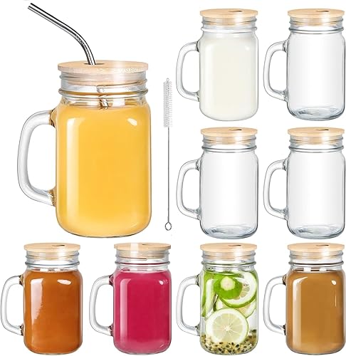 Miniatura 1 de DESIYUE Paquete de 9 tarros Mason de 16 onzas con tapa de bambú y pajita, vasos Mason Jar Vasos, tarros Mason de 16 onzas con asa para jugo,