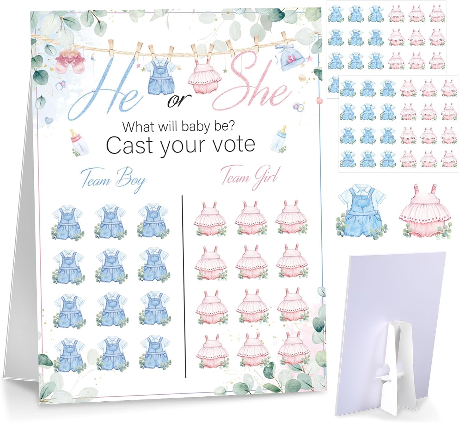 Poen Boots or Bows Gender Reveal Game with Stand, 60 Bows & Boots Stickers