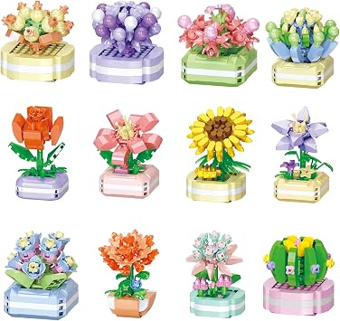 Flowers Bouquet Building Set, 12 Pack Flowers Succulents Party Favors for Kids & Adults, Mini Building Blocks Toy for Goodie Bags Stocking Stuffers Classroom Prize Birthday Gifts