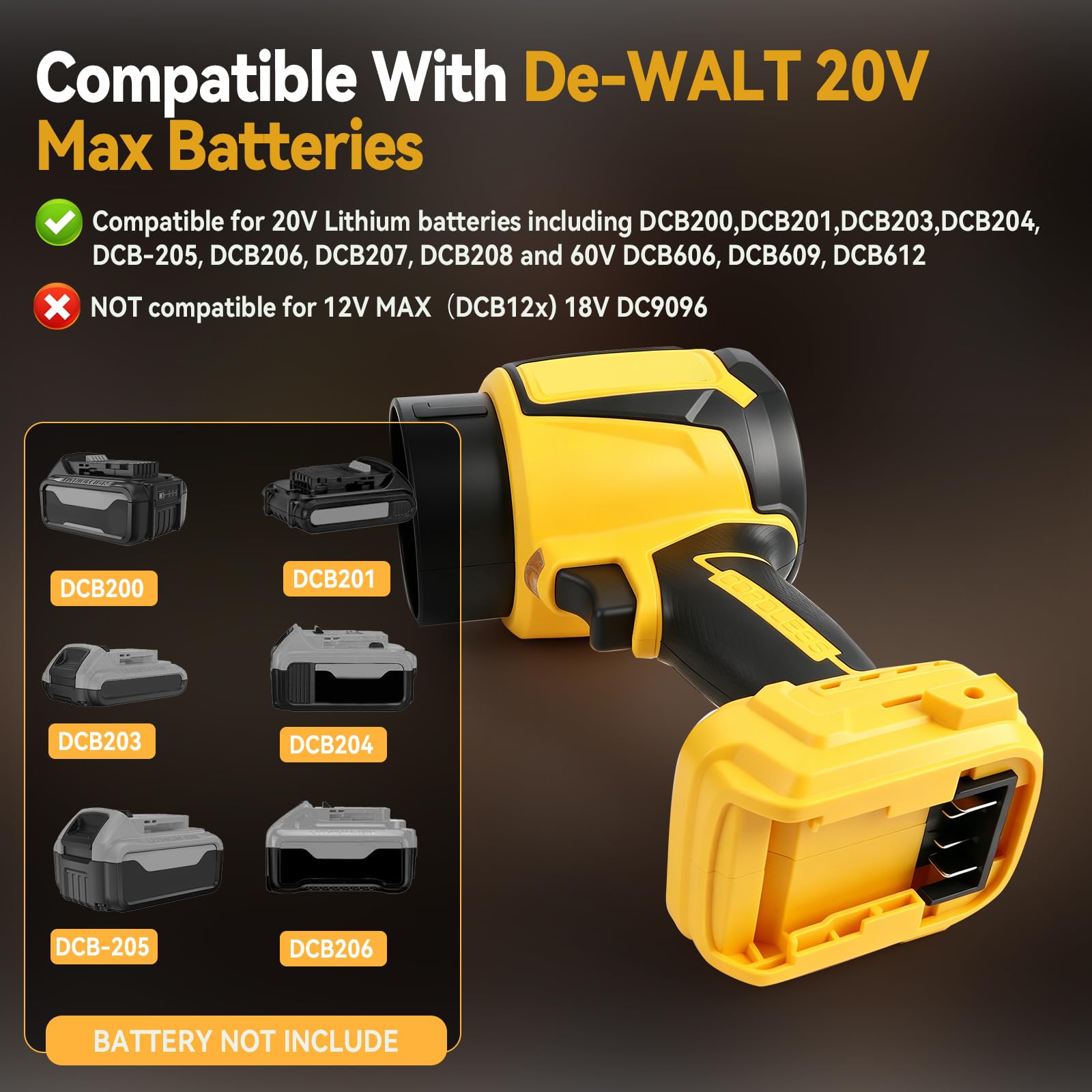 Soffiatore d'aria senza fili compatibile con Dewalt 18V/20V, 3 velocità Soffiatore portatile per foglie e aspirapolvere portatile 38000RPM 500W Brushless Aria compressa Duster Car Blower Dryer