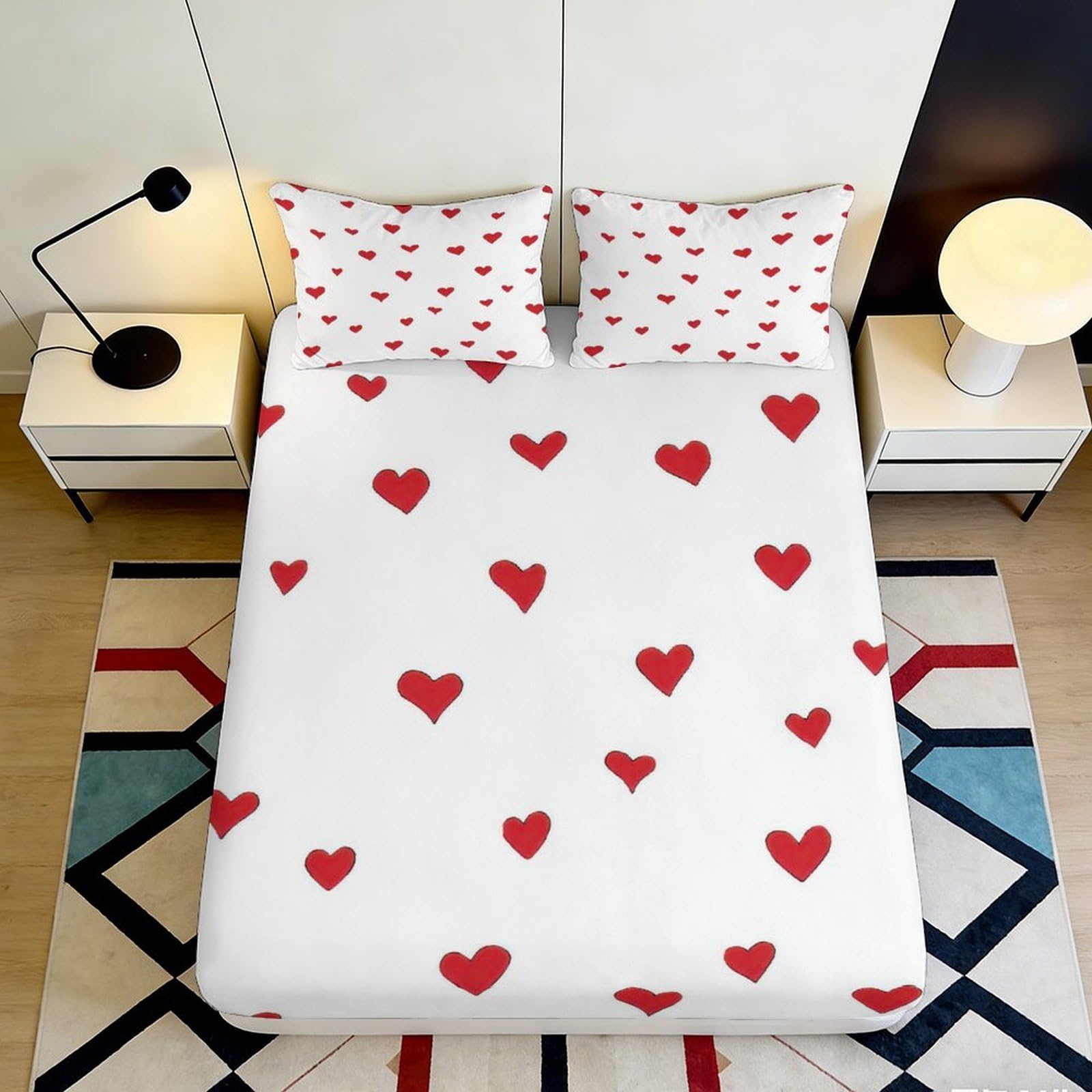 3D Printed Red Hearts Fitted Sheet Microfiber Soft Mattress Cover for Bedroom Guest Room Dorm Decor Protection 90x200x25cm