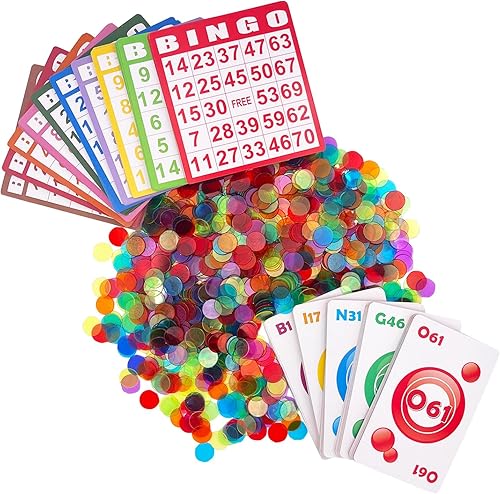 Juego de bingo - 1000 fichas coloridas con una bolsa, 100 tarjetas de bingo y mazo jumbo de tarjetas de llamada para adultos, personas mayores y