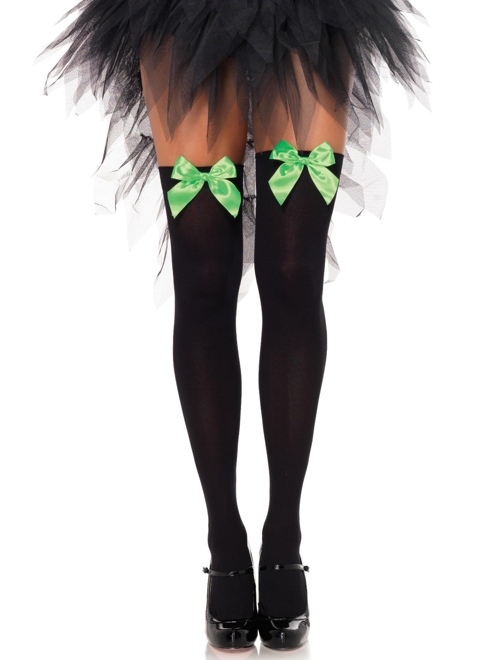 Leg Avenue Nylon Thigh Highs with Bow (Black/Green)