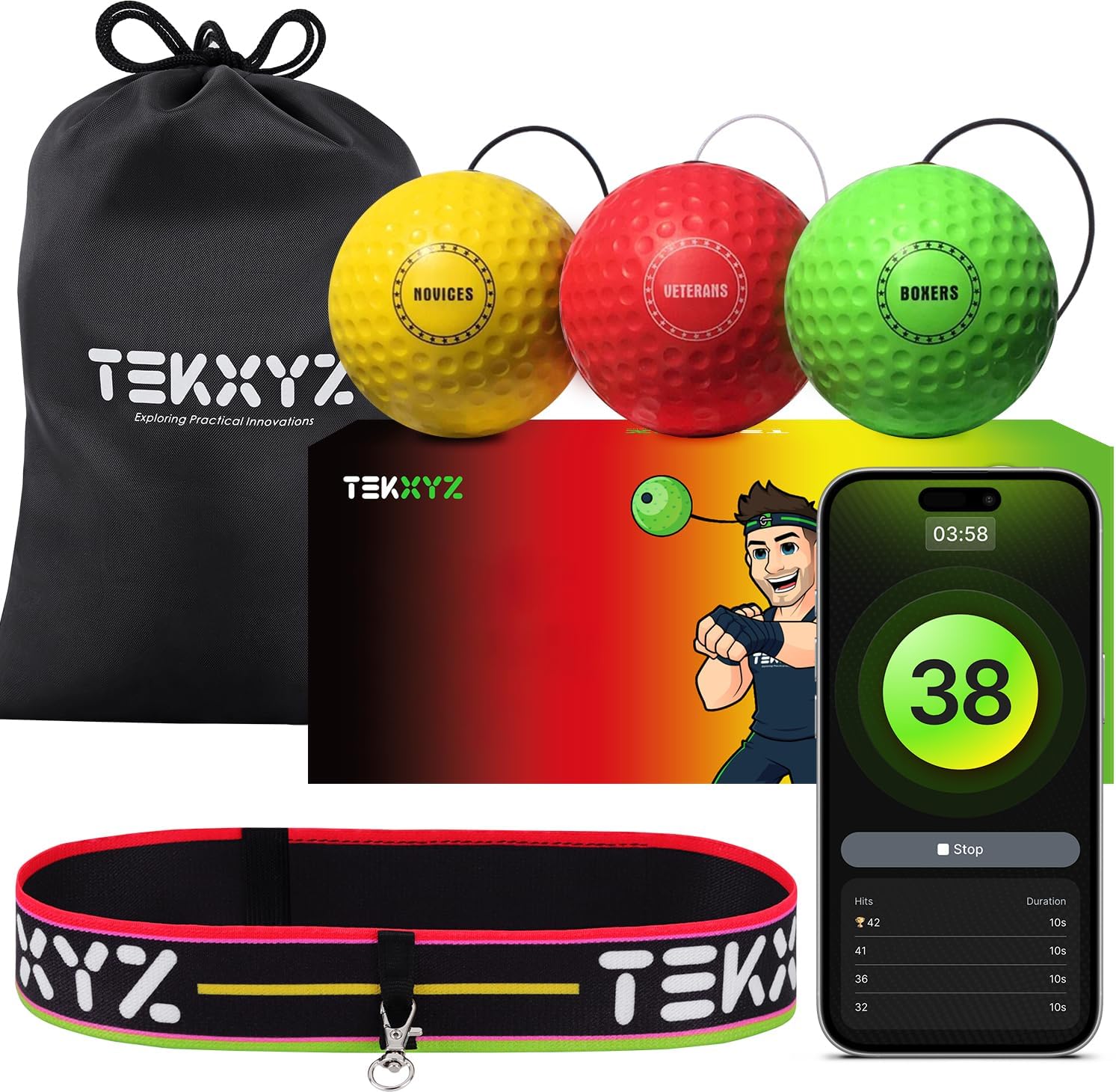 TEKXYZ® Reflex Ball with Counter App | Online Community for Boxing Ball, Perfect for Reaction, Agility, Punching Speed, Fight Skill and Hand Eye Coordination | Stocking Stuffer Gift for All Ages