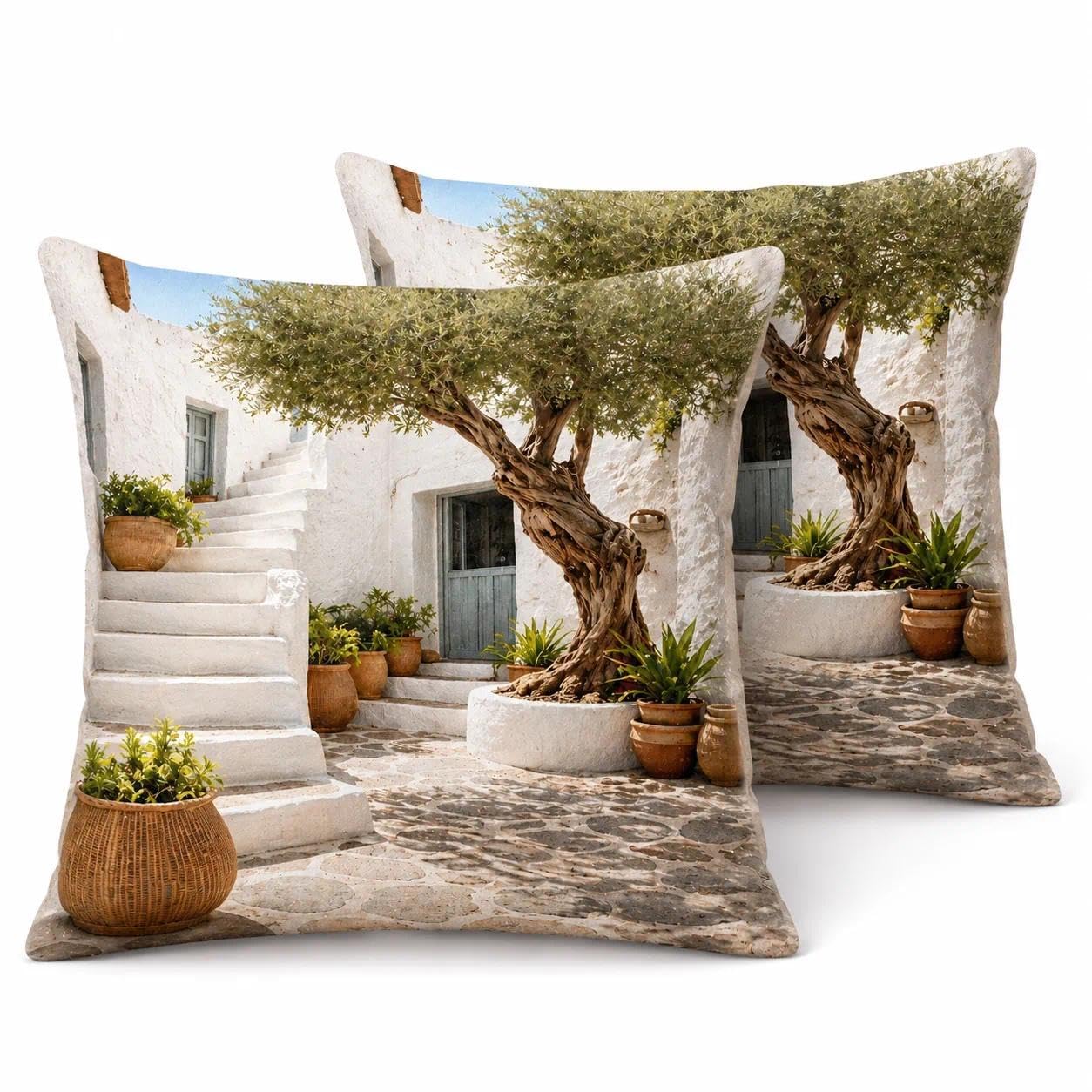 Gemdoit Cushion Covers 45 x 45 – Pack of 2 Decorative Mediterranean Courtyard Print Sofa Covers with Invisible Zipper, Soft and Breathable Fabric for Living Room, 18 x 18 Inch