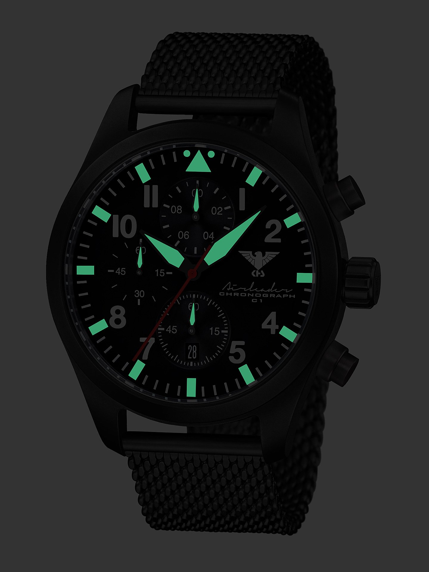 Airleader Black Steel Chronograph KHS.AIRBSC.MB Edelstahl IP-beschichtet schwarz, Meshband, KHS Tactical Watch, Einsatzuhr, Fliegeruhr
