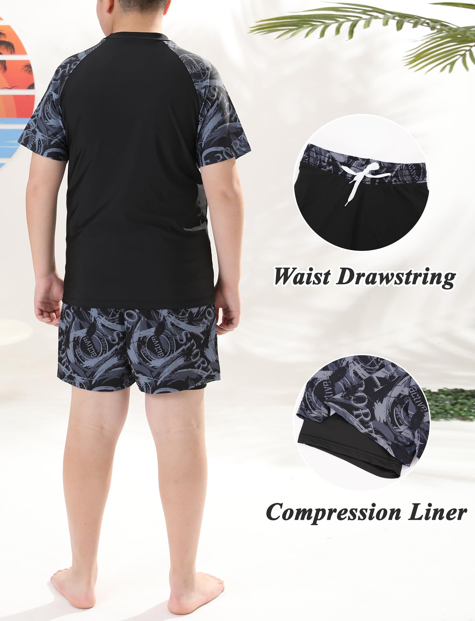 Maeau Bade-Set Kinder Junge Top+Badeshorts Uv-Schutz Badeanzug Bademode Bedruckt Badebekleidung Schwimmbekleidung Bequem 9-15 Jahre/140-190 cm