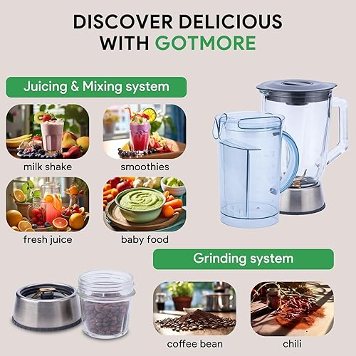 Miniatura 3 de GOTMORE Exprimidor, licuadora y molinillo Combo 3 en 1 para batidos, jugos, procesamiento, molienda y más Extractor centrífugo de jugo de 1300 W