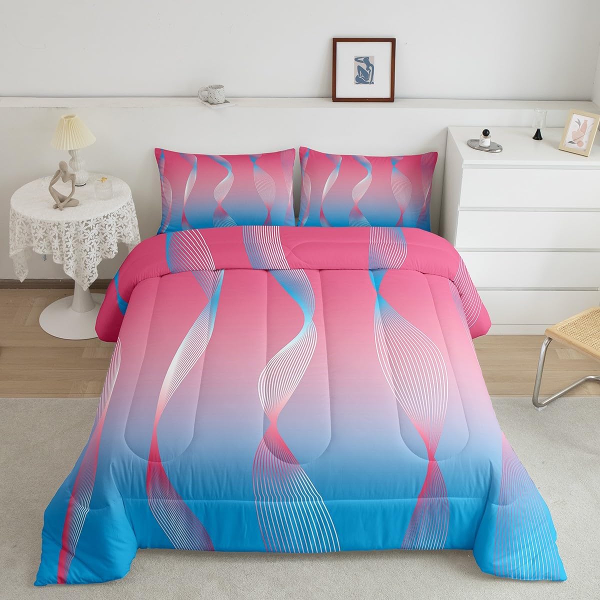 Erosebridal Gradient Gradient Pink to Blue Comforter Set Full,Silver Foil Print Wave Striped Quilt Ombre Bedding Set,Abstract Art Room Decor Aesthetic