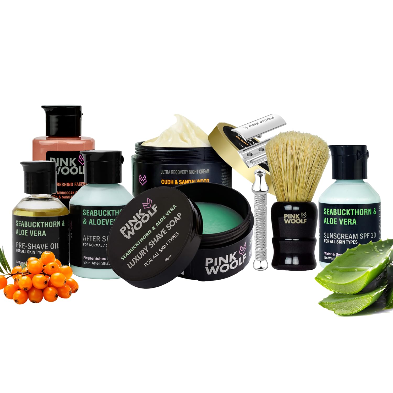 Pink Woolf Shaving Kit - Pre Shave Oil, Boar Shaving Brush, Shaving Soap, After Shave Balm, CC87 Safety Razor, Sunscreen, Night Cream and Face Wash (SEABUCKTHORN ALOE VERA) (Combo Pack Of 8) (B09X9X26K2) Amazon Price History, Amazon Price Tracker