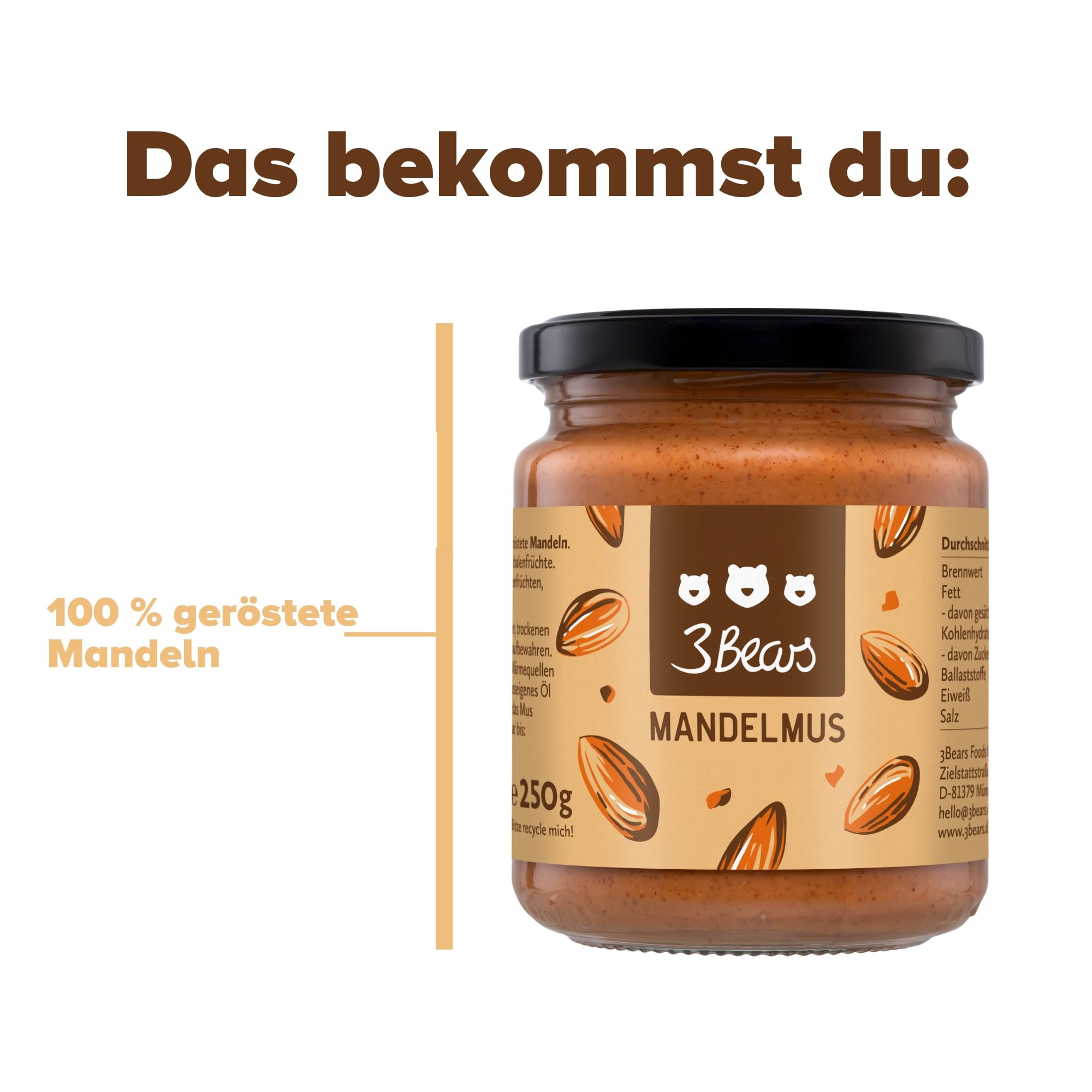 3Bears Mandelmus, 100% geröstete Nüsse, glutenfrei und vegan, cremig und intensiv im Geschmack, 4 x 250 g
