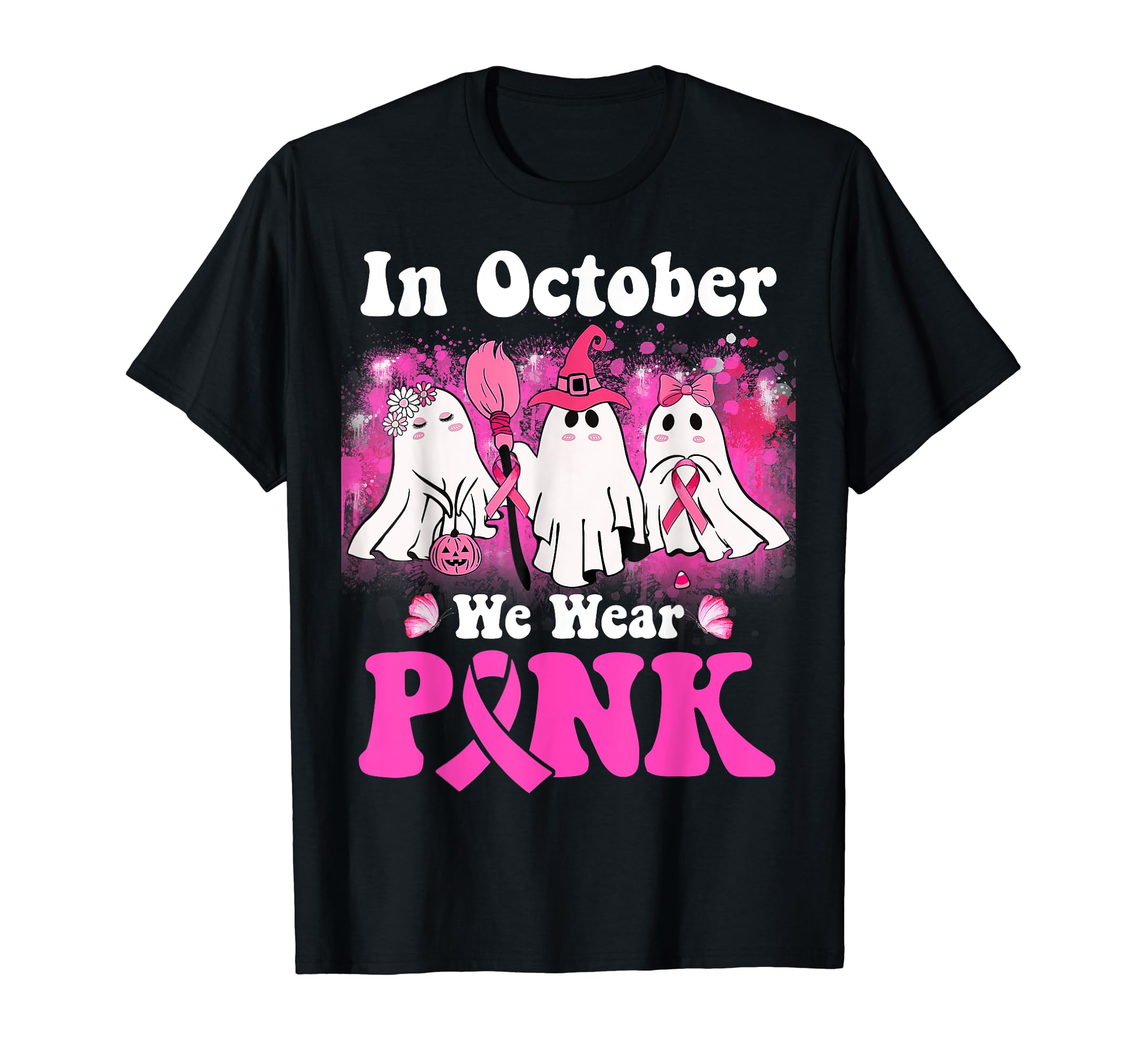 In October We Wear Pink Ghost HalloweenBreast Cancer T-Shirt