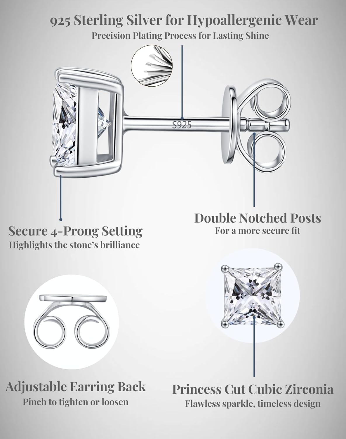 Cubic Zirconia Stud Earrings Princess Cut Simulation-Diamond Earrings for Women Men 18K White Gold Plated 925 Sterling Silver square studs Hypoallergenic with gift box