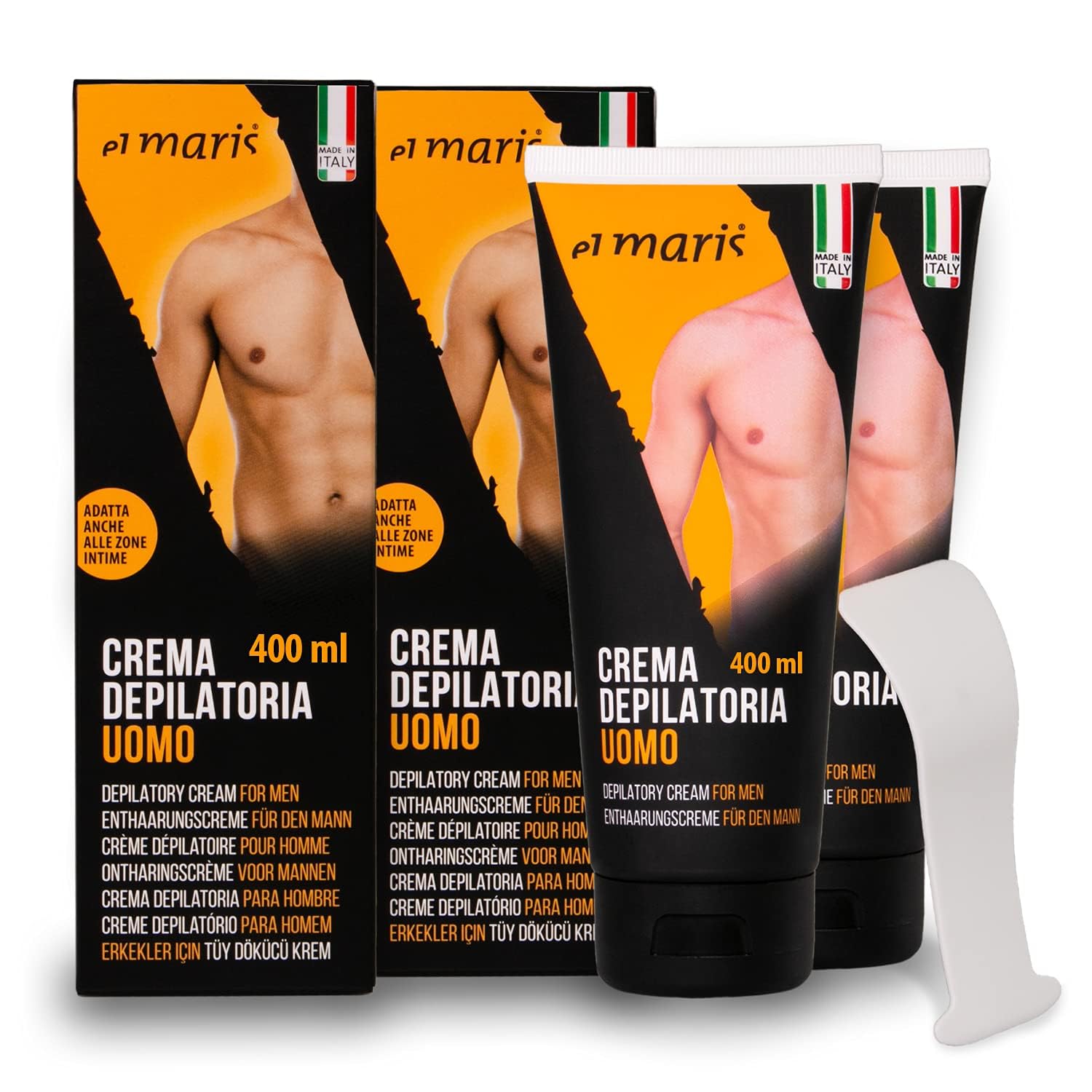 Elmaris - Crema depilatoria para hombre ultrarrápida y lenitiva, con Manteca de Karité y Bisabolol. Depilación de las partes íntimas, pecho, espalda, piernas, brazos. 2x200ml