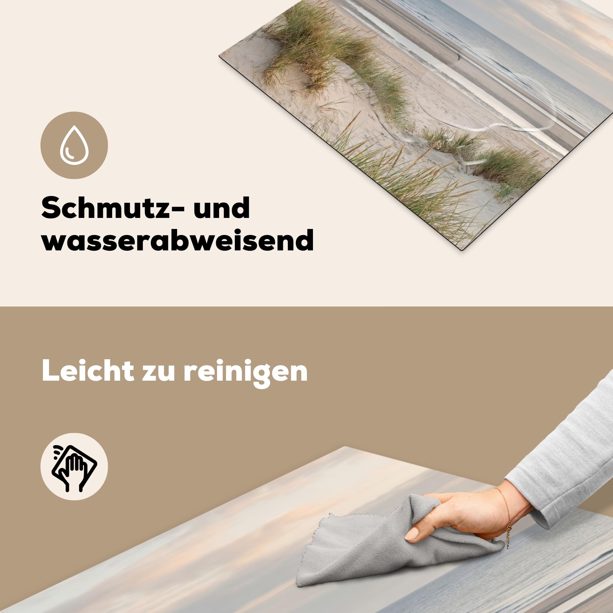 KitchenYeah© Herdabdeckplatte 58x51 cm Einteilig Küche Herdabdeckung Induktionsfeld Ceranfeld Herdabdeckplatten Vinyl Matte Aufrollbar Sandstrand - Bewölkt - Dünen