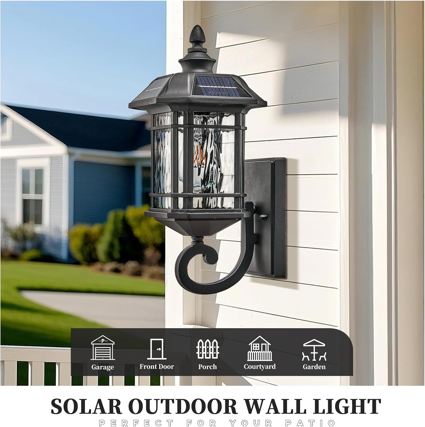 Solar Sconce Lights Outdoor 15.7 Inch Height Exterior Lighting Fixture Dusk to Dawn Outdoor Solar Wall Lamp with Water Ripple Glass Black Finish and Waterproof