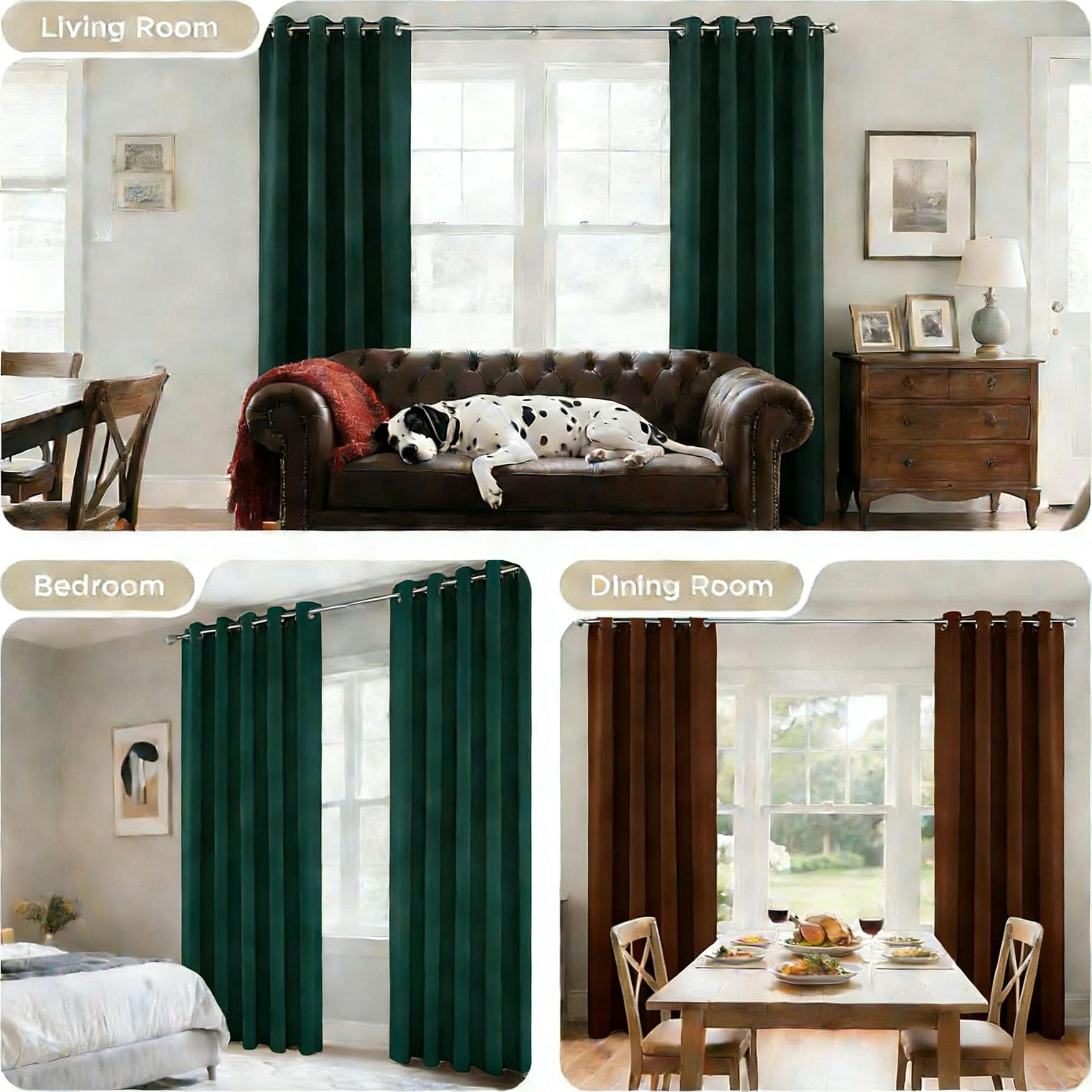 Termoizolacyjne Zasłony 150 x 125 cm Wiatroszczelne Dźwiękoszczelne Prywatność Zaciemniająca Zasłona Z Oczkami Nowoczesny Design, Zmywalny Do Salonu, Kuchni, Sypialni, Ciemnozielony