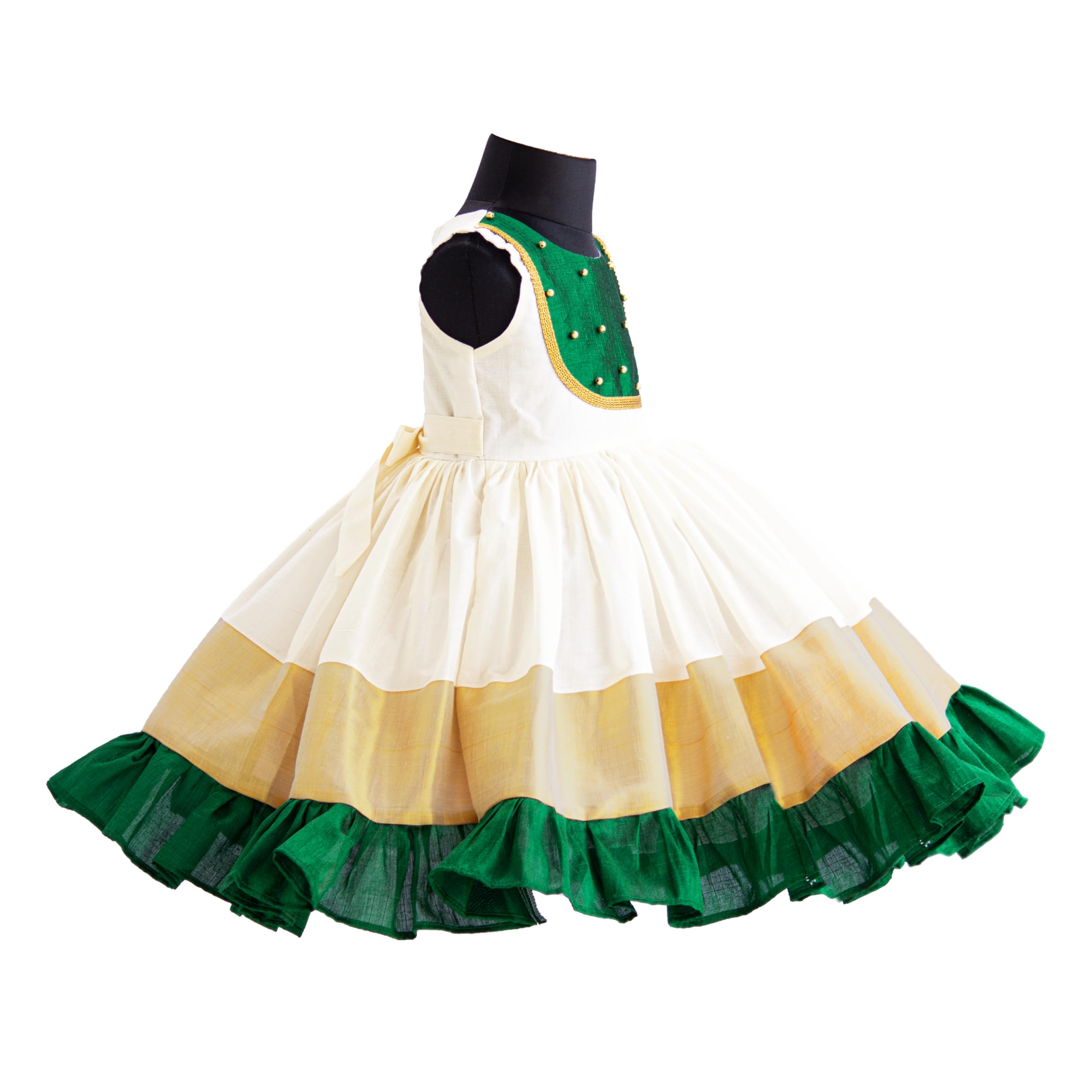 Stanwells Kids Dress for Girls Embroidery Knee Length Traditional Applique Kerala Ethnic Frock for Baby Girls Zipper Beautiful Sleeveless Birthday Dress for Girls Cream & Green (2-3 Years) - Image 5 thumbnail