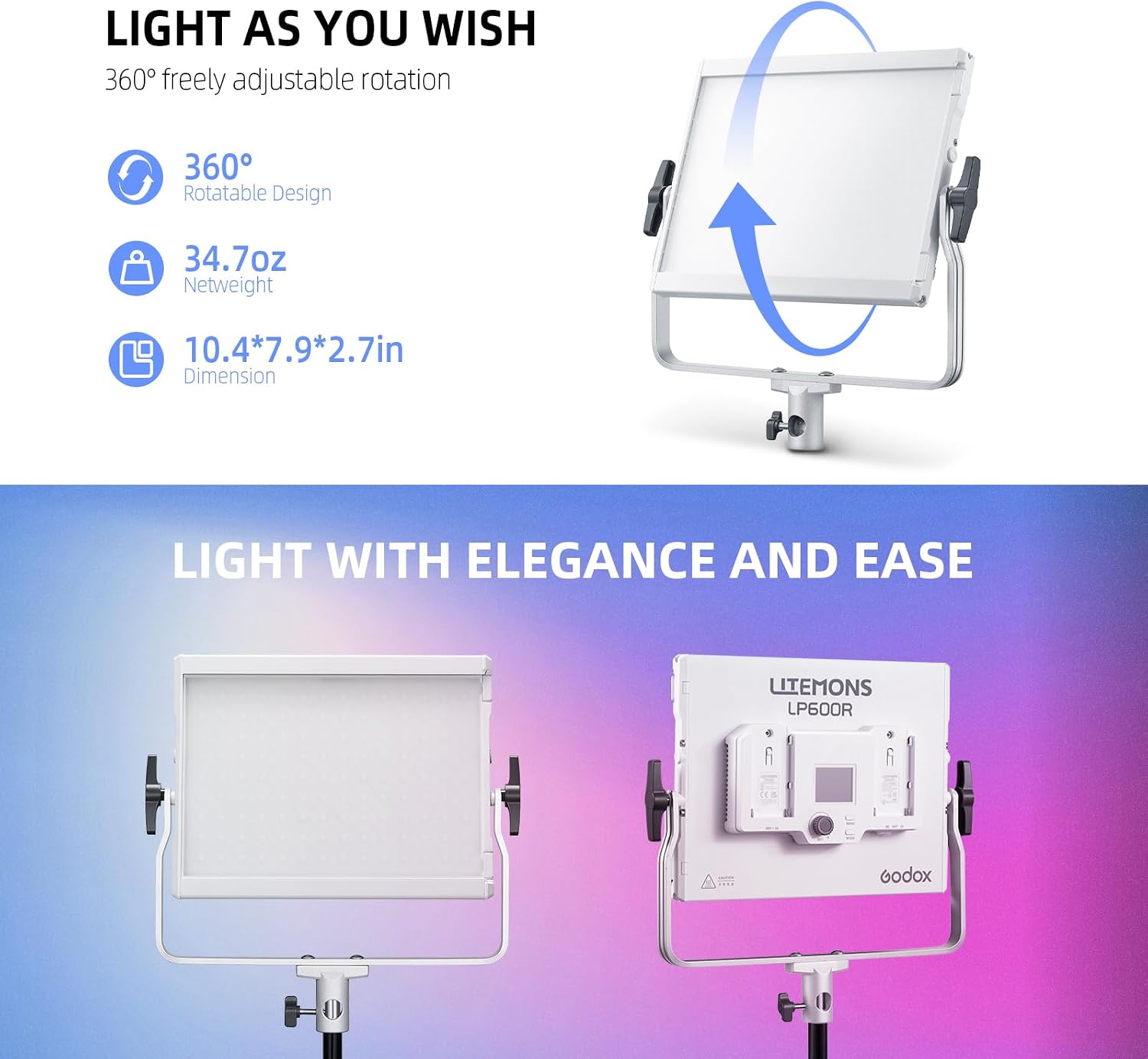 GODOX Litemons 60W LP600R RGB LED Video Light w/Barndoors, 1800K-10000K Full-Color RGB Panel Light, 9270 lux/0.5m, APP Control, 0%-100% GM Adjustment, for Studio Video Photography Live Streaming