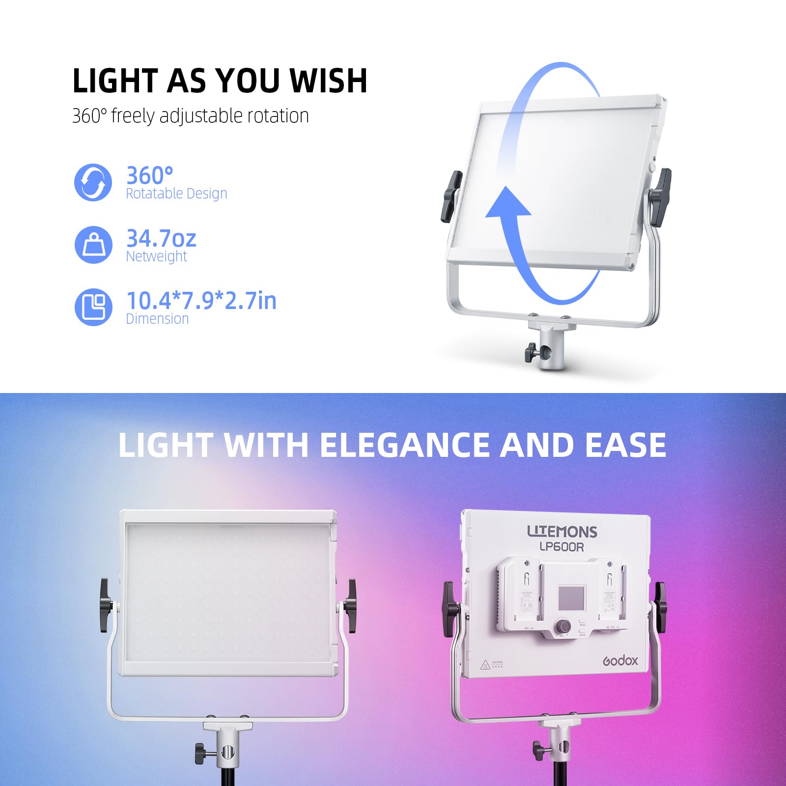 GODOX LITEMONS LP600R RGBW LED Video Light, CCT, dwukolorowa temperatura 1800 – 10000 K, 60 W, tryb HSI i tryb żelowy, 14 efektów świetlnych, sterowanie aplikacją obsługującą
