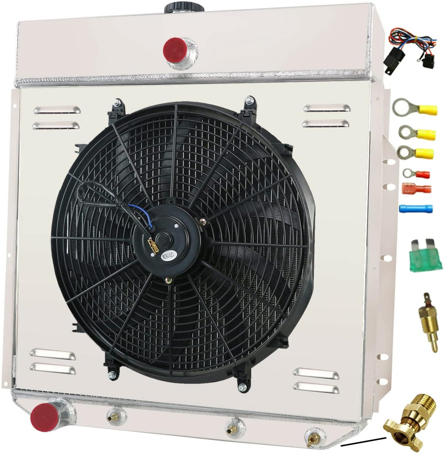 Aluminum Radiator for 1953 1954 1955 1956 Ford F100/F250/F350 Pickup Truck 3 Row Core Radiators Shroud 16" Fan Relay Kit 3.6L/L6 3.9L/V8
